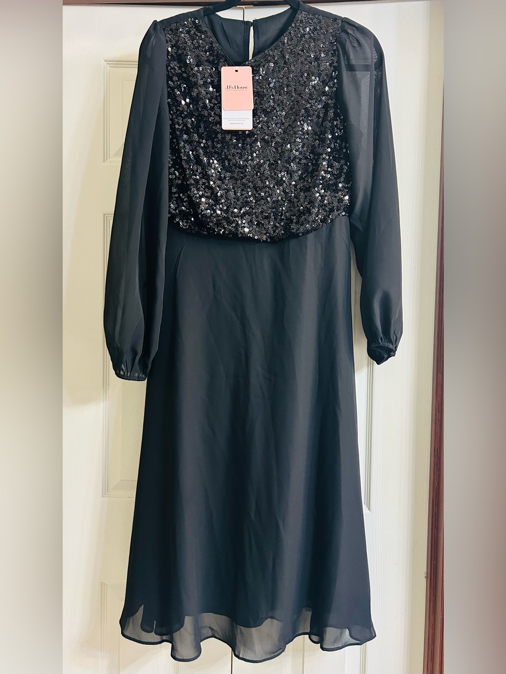 JJs House Chiffon Black Sequin Bodice Long Sleeve Evening Gown. New With Tags - Picture 2 of 7